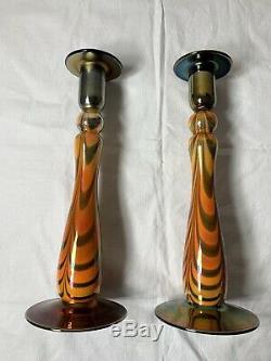 Pair of Imperial Freehand Glass Candlesticks Drag Loop Design 10-7/8 Tall