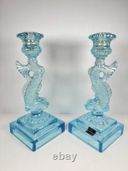 Pair of Imperial Glass Ice Blue Iridescent Dolphin Koi Fish Candlestick Holders