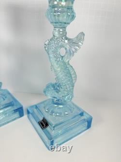 Pair of Imperial Glass Ice Blue Iridescent Dolphin Koi Fish Candlestick Holders