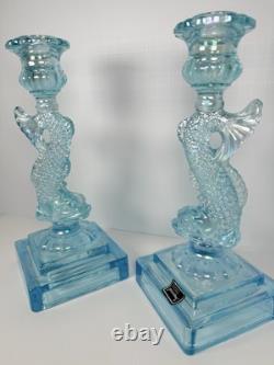 Pair of Imperial Glass Ice Blue Iridescent Dolphin Koi Fish Candlestick Holders