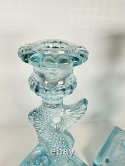 Pair of Imperial Glass Ice Blue Iridescent Dolphin Koi Fish Candlestick Holders