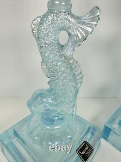 Pair of Imperial Glass Ice Blue Iridescent Dolphin Koi Fish Candlestick Holders