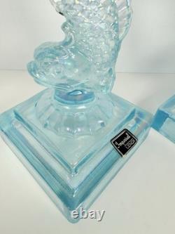 Pair of Imperial Glass Ice Blue Iridescent Dolphin Koi Fish Candlestick Holders