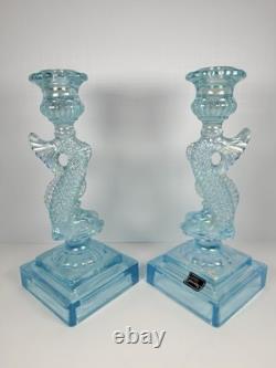 Pair of Imperial Glass Ice Blue Iridescent Dolphin Koi Fish Candlestick Holders