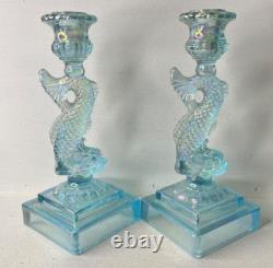 Pair of Imperial Glass Ice Blue Iridescent Koi Fish Candlestick Holders