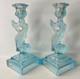 Pair Of Imperial Glass Ice Blue Iridescent Koi Fish Candlestick Holders