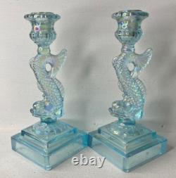 Pair of Imperial Glass Ice Blue Iridescent Koi Fish Candlestick Holders