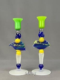 Pair of Ioan Nemtoi Romania Multi Colored Art Glass Candle Holders 11 1/2 Mint