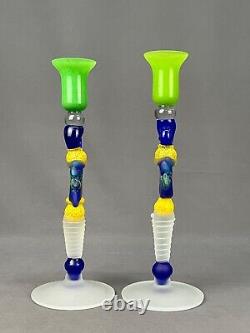 Pair of Ioan Nemtoi Romania Multi Colored Art Glass Candle Holders 11 1/2 Mint