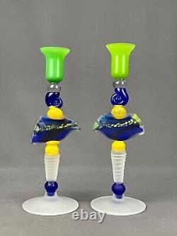 Pair of Ioan Nemtoi Romania Multi Colored Art Glass Candle Holders 11 1/2 Mint