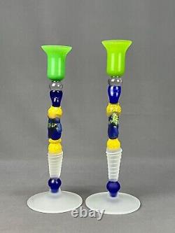 Pair of Ioan Nemtoi Romania Multi Colored Art Glass Candle Holders 11 1/2 Mint