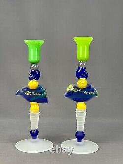Pair of Ioan Nemtoi Romania Multi Colored Art Glass Candle Holders 11 1/2 Mint