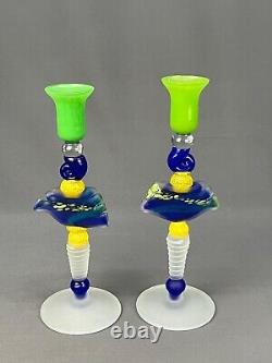 Pair of Ioan Nemtoi Romania Multi Colored Art Glass Candle Holders 11 1/2 Mint