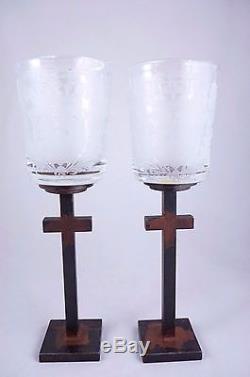 Pair of Jan Barboglio 14 Etched Glass Globe Candle Holders with Metal Cross Base