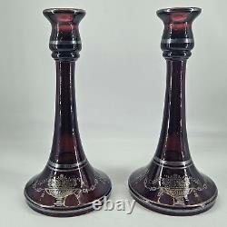 Pair of L. E. Smith Amethyst glass Silver Overlay Candlestick Candle Holders