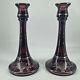 Pair Of L. E. Smith Amethyst Glass Silver Overlay Candlestick Candle Holders