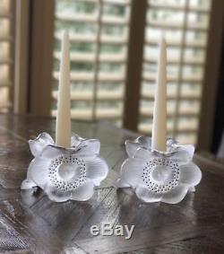 Pair of Lalique Anemones Candle Holders Flowers with black enamel dots MINT