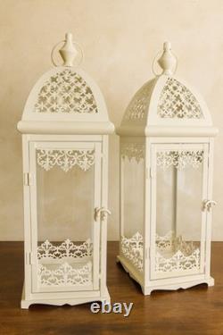 Pair of Large Antique Victorian White Iron Lanterns Glass Candle Holders