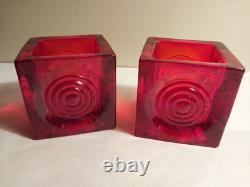 Pair of Large MCM VIKING Glass Bullseye Glimmer Red Cube Candle Holders Mint
