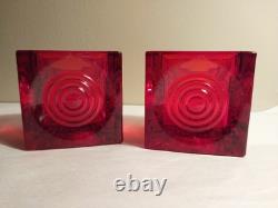 Pair of Large MCM VIKING Glass Bullseye Glimmer Red Cube Candle Holders Mint