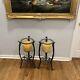 Pair Of Large Vintage Cast Iron Floor Standing Candle Holders Withglass Inserts