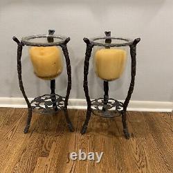 Pair of Large Vintage CAST IRON Floor Standing Candle Holders withGlass Inserts