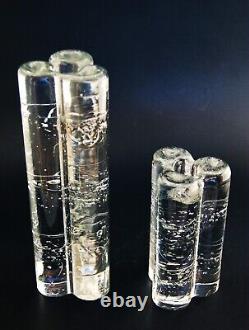 Pair of Mid-Century Heavy Art Glass Candle Holders Oblong Trefoil Forms