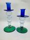 Pair Of Murano Art Glass Venetian Hand Blown Candlesticks Blue Green Clear