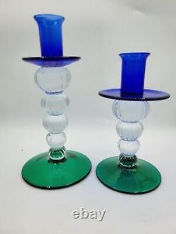 Pair of Murano Art Glass Venetian Hand Blown Candlesticks Blue Green Clear