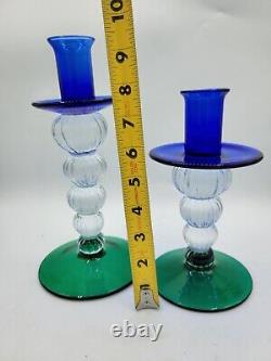 Pair of Murano Art Glass Venetian Hand Blown Candlesticks Blue Green Clear