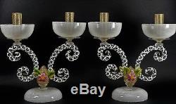Pair of Murano Glass 2 Lite Candle Holders Candelabra Flower Gold Specks