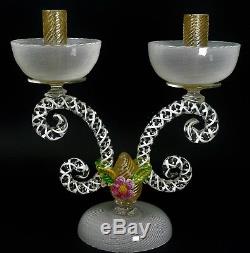 Pair of Murano Glass 2 Lite Candle Holders Candelabra Flower Gold Specks