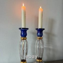 Pair of Royal Blue and Gold Cristallerie Glasses Candle Holders