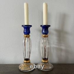Pair of Royal Blue and Gold Cristallerie Glasses Candle Holders