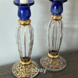 Pair of Royal Blue and Gold Cristallerie Glasses Candle Holders