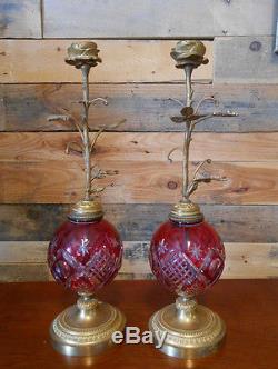 Pair of Ruby Red Cut Glass & Metal Rose Shaped Candle Holders