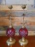 Pair Of Ruby Red Cut Glass & Metal Rose Shaped Candle Holders