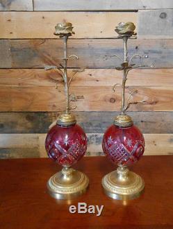 Pair of Ruby Red Cut Glass & Metal Rose Shaped Candle Holders