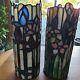 Pair Of Tiffany Inspired Stained Glass Pillar Candle Holders, Daffodil & Iris