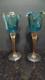 Pair Of Turquoise Crystal Murano Glass Table 14 Candle Holder Italy Teal Gold