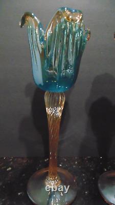 Pair of Turquoise Crystal Murano Glass Table 14 Candle Holder Italy Teal Gold