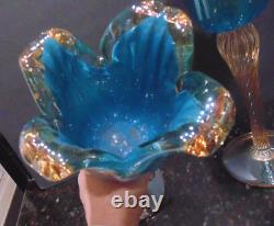 Pair of Turquoise Crystal Murano Glass Table 14 Candle Holder Italy Teal Gold