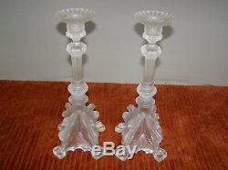 Pair of Val St Lambert Signed Frosted Glass Candlestick Holders
