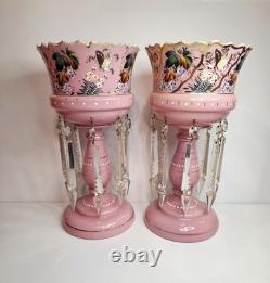 Pair of Victorian Bohemian Cased Glass 12.4 Pink Handpainted Mantle Lusters