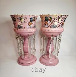 Pair of Victorian Bohemian Cased Glass 12.4 Pink Handpainted Mantle Lusters