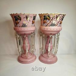 Pair of Victorian Bohemian Cased Glass 12.4 Pink Handpainted Mantle Lusters