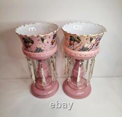 Pair of Victorian Bohemian Cased Glass 12.4 Pink Handpainted Mantle Lusters