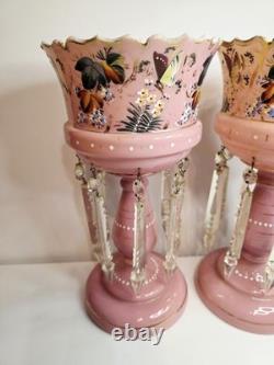 Pair of Victorian Bohemian Cased Glass 12.4 Pink Handpainted Mantle Lusters