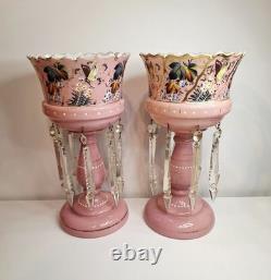 Pair of Victorian Bohemian Cased Glass 12.4 Pink Handpainted Mantle Lusters