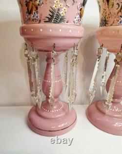 Pair of Victorian Bohemian Cased Glass 12.4 Pink Handpainted Mantle Lusters